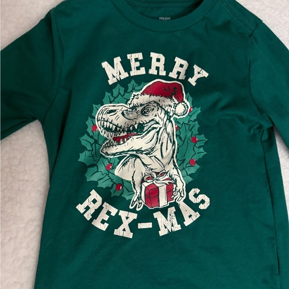 Kids Green Dinosaur Christmas Shirt, Size XS (4-5) - Picture 2 of 4